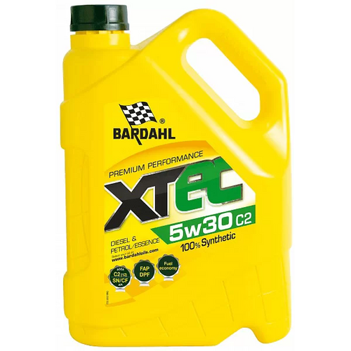 Жълт пластмасов кан със синтетично моторно масло Bardahl XTEC 5W30 C2 за дизелови и бензинови двигатели
