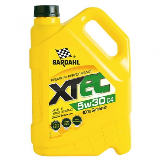 Жълт контейнер с масло Bardahl XTEC 5W30 C4 за дизелови и бензинови двигатели